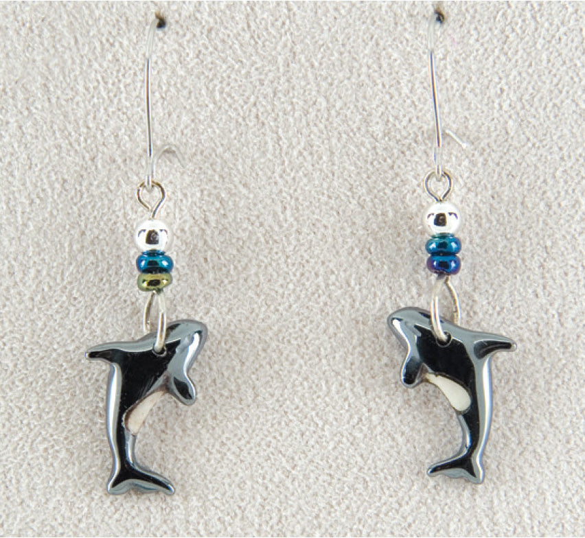 Orca Whale Hematite Dangle Earrings